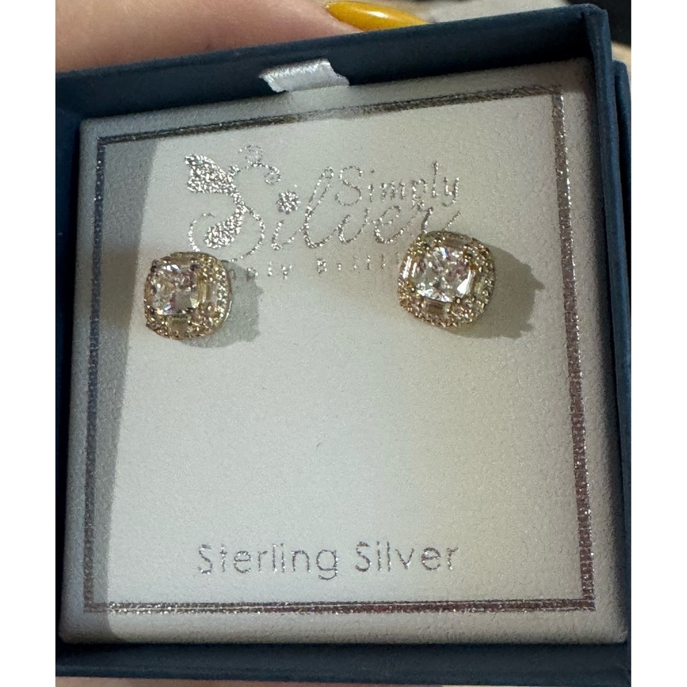 Simply Silver Sterling Silver Gold Tone CZ Halo Stud Earrings Cushion Cut New